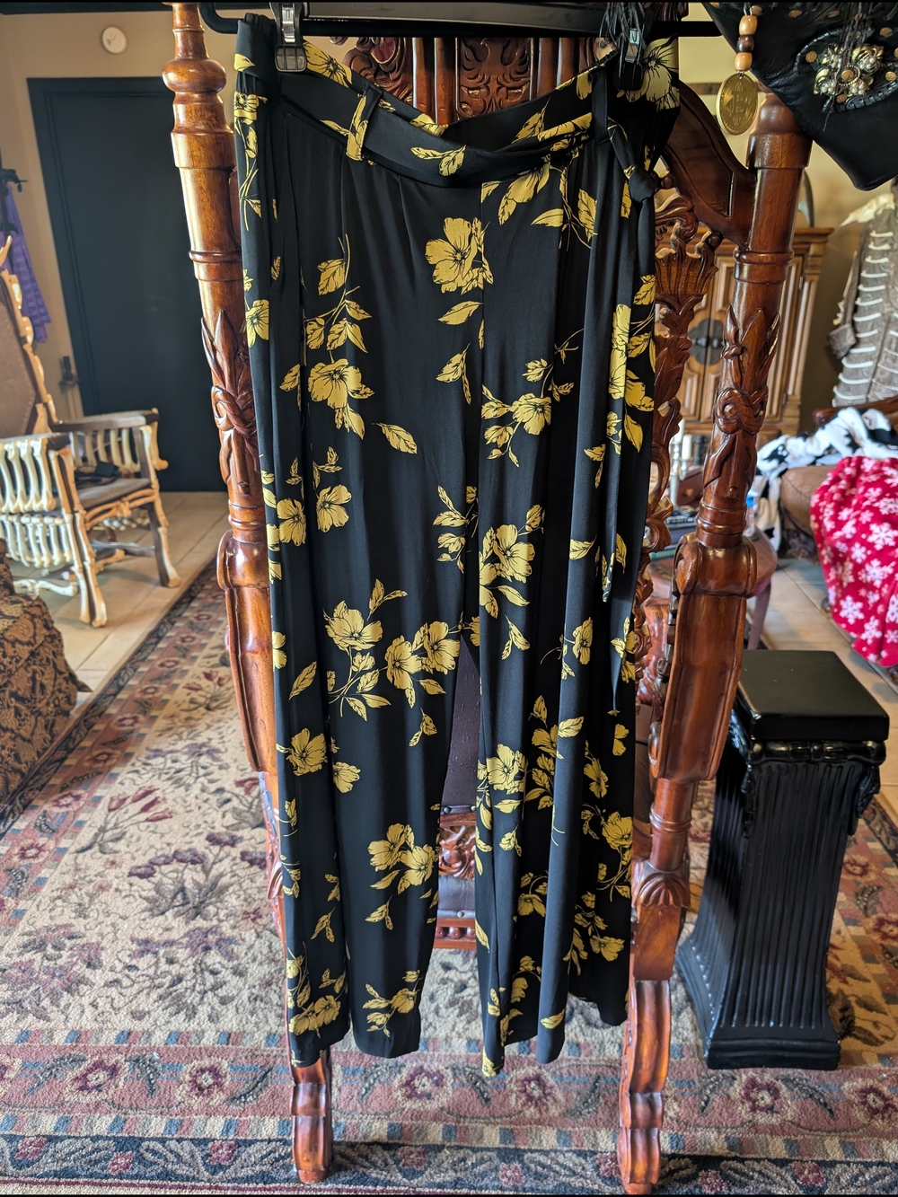 Torrid Black Pants with Mustard Floral Print